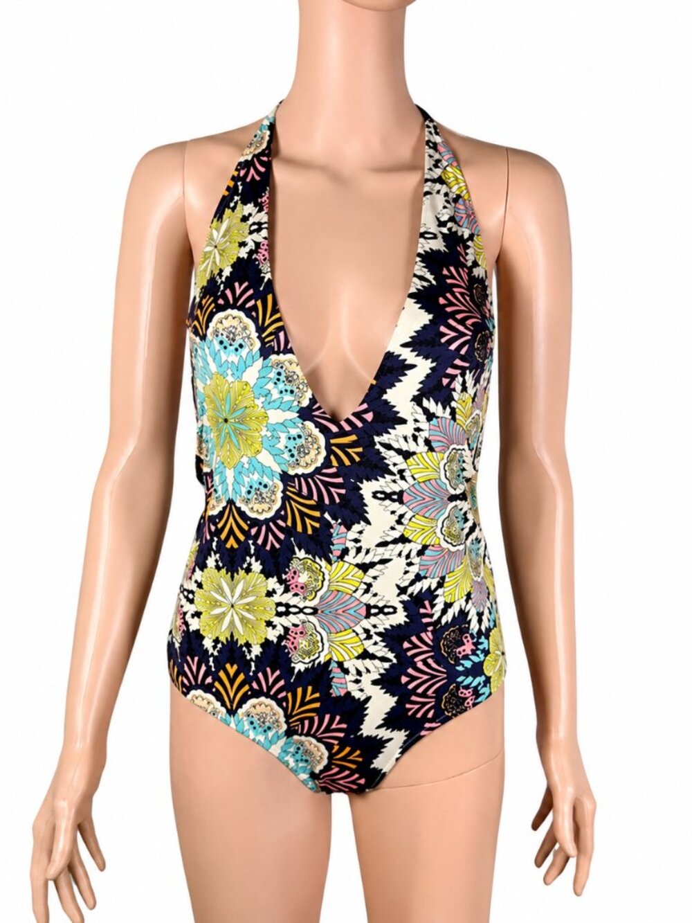 H&M Deep V One-Piece Swimsuit Floral Geometric Printed Size 10